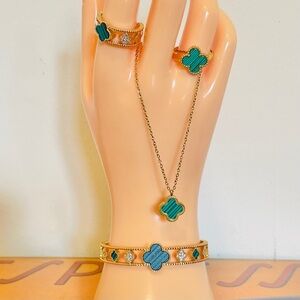 Malachite Style Green Clover Adjustable Gold Plated Bracelet Rings Necklace Set